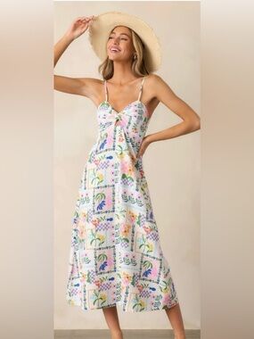 MINKPINK Nikita Twist Ivory Picnic Midi Dress Twist Flowy Smock Small NWOT